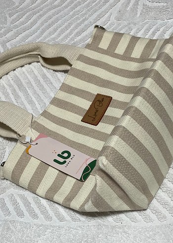 Bej Çizgili Keten Mini Tote Kadın Günlük Çanta - Görsel 3