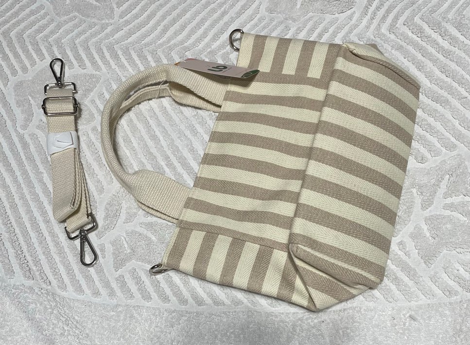 Bej Çizgili Keten Mini Tote Kadın Günlük Çanta - Görsel 4