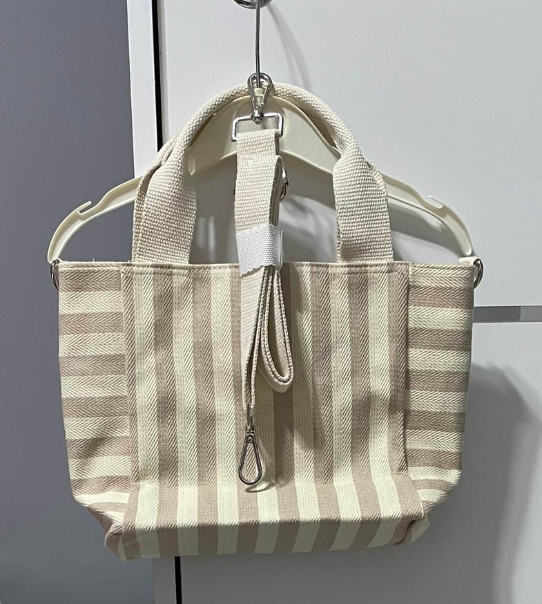 Bej Çizgili Keten Mini Tote Kadın Günlük Çanta - Görsel 2
