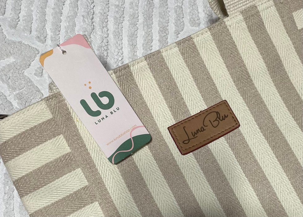 Bej Çizgili Keten Mini Tote Kadın Günlük Çanta - Görsel 5