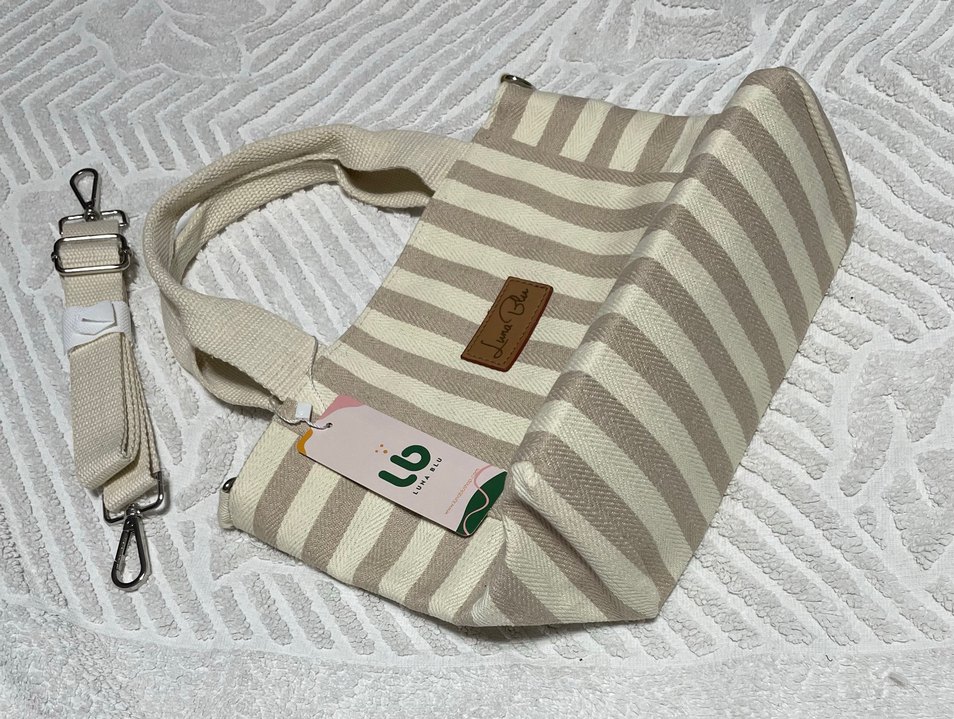 Bej Çizgili Keten Mini Tote Kadın Günlük Çanta - Görsel 3