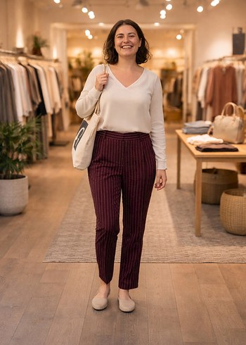 Bordo Çizgili Piliseli Kadın Kumaş Pantolon - Görsel 2