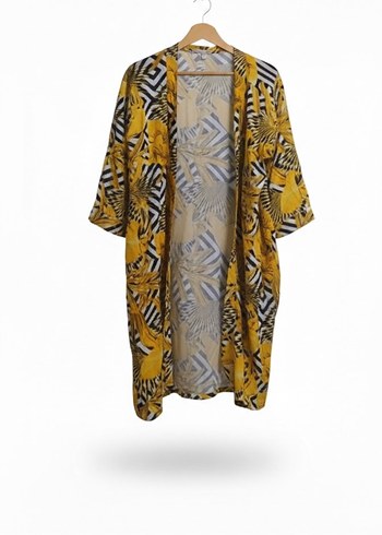 Diğer Sari Gri Uzun Salas Bohem Kimono