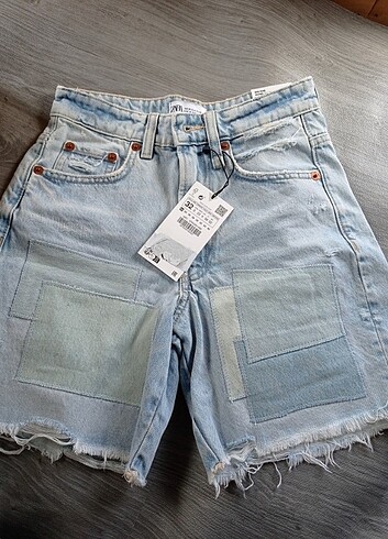 Zara TRF MID RİSE Yamalı denim bermuda sort