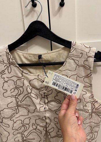 Trendyol & Milla Düğmeli Kolsuz Keten Bej Vintage Yelek pantolon takım