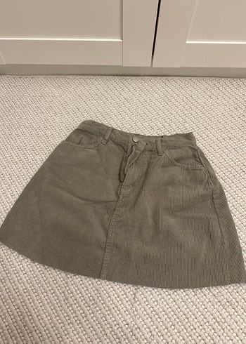 Düğmeli haki kadife Kadın Mini Etek