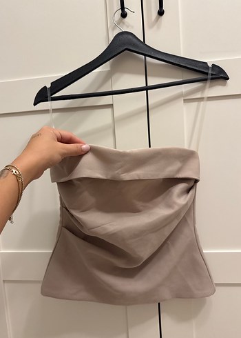 Bej Fitted Midi straplez bluz