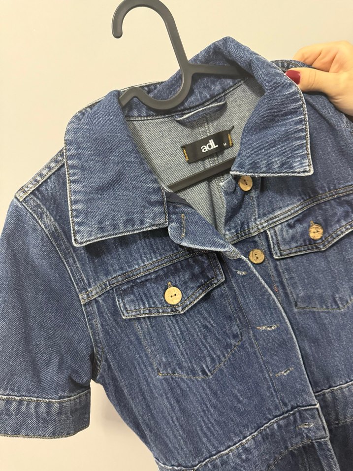 Kısa Kollu Kemerli Kot Elbise - Görsel 2