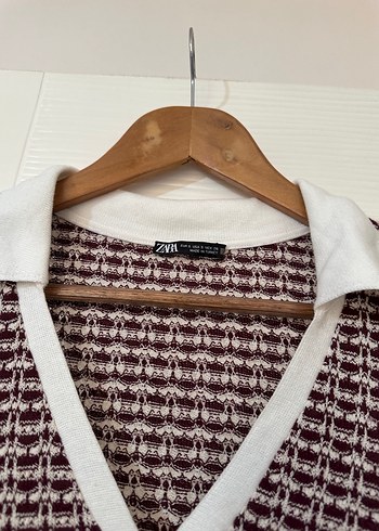 Zara Bordo V Yaka Kısa Kollu Örme Kadın tşört
