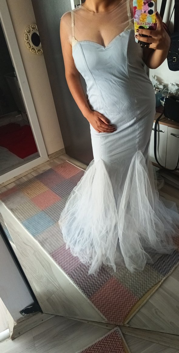 Bohem Gri Uzun Balık Gelinlik - Görsel 2