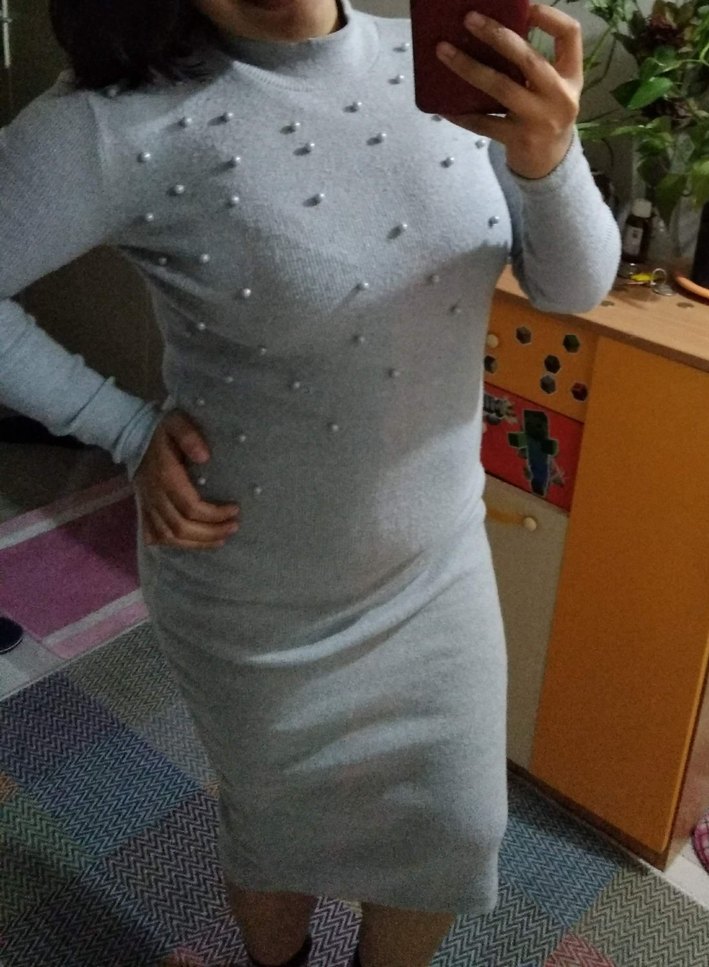 Gri Triko Balıkçı Yaka Midi incili Elbise - Görsel 2