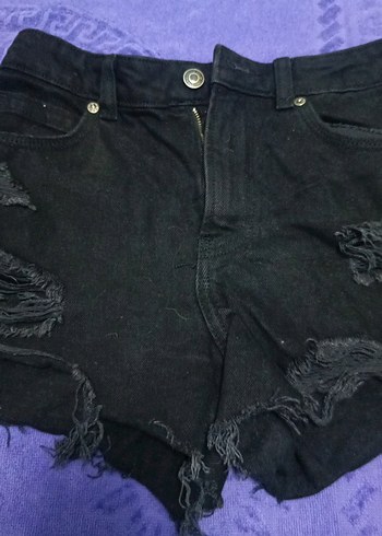 Düğmeli Siyah Yırtık Mini Kot Şort - Görsel 3