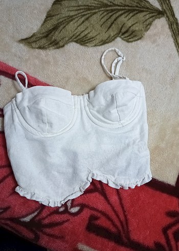 Beyaz Keten Straplez Midi Büstiyer - Görsel 5