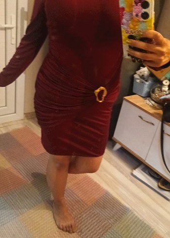 Bordo tokalı kemerli tarz elbise - Görsel 6