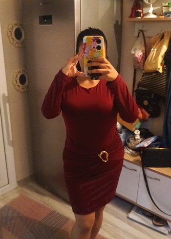 Bordo tokalı kemerli tarz elbise - Görsel 2