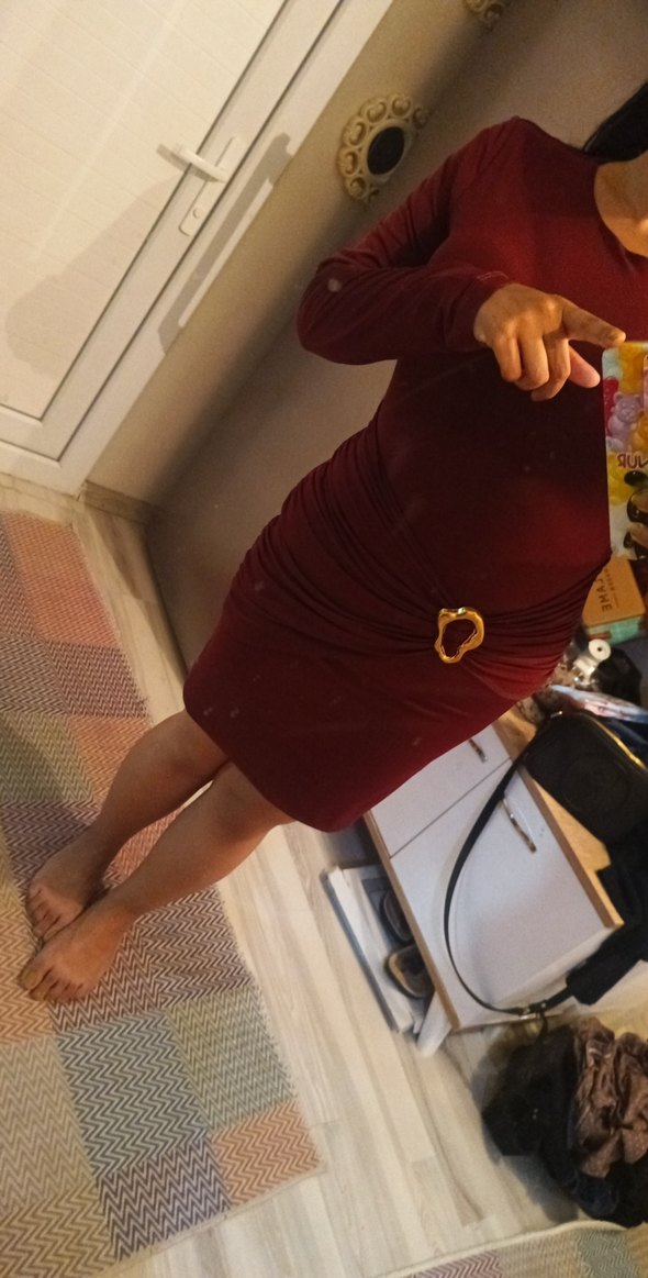 Bordo tokalı kemerli tarz elbise - Görsel 3