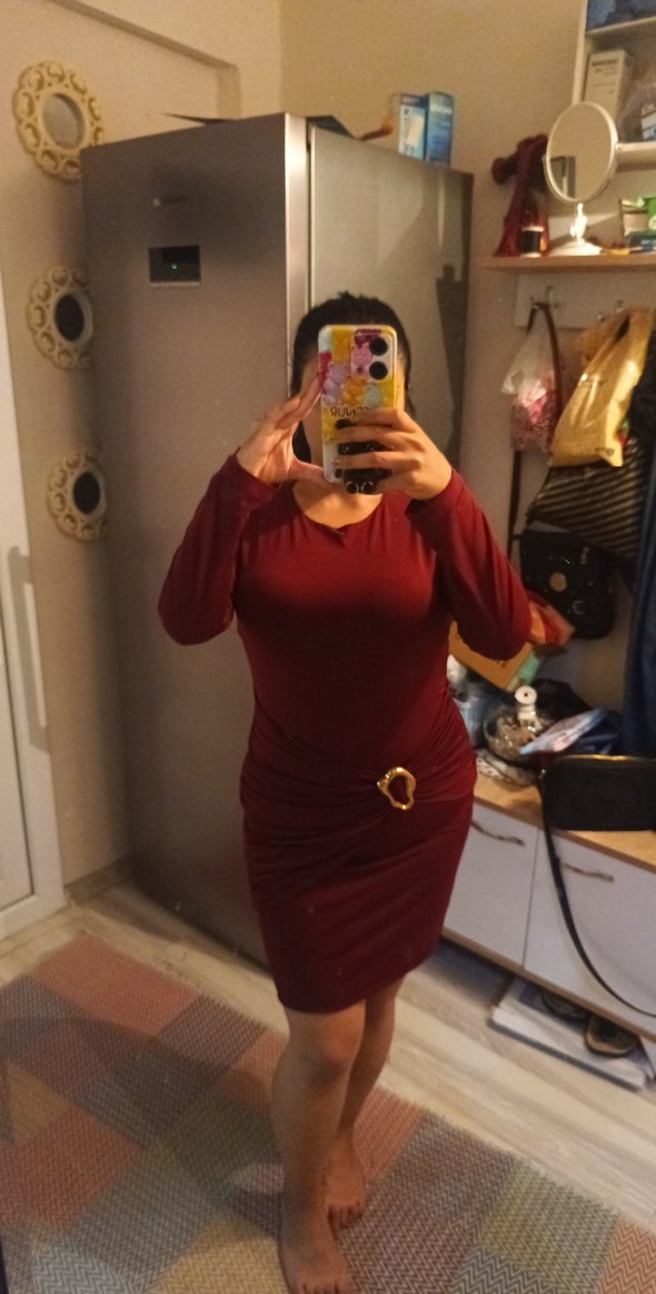 Bordo tokalı kemerli tarz elbise - Görsel 2