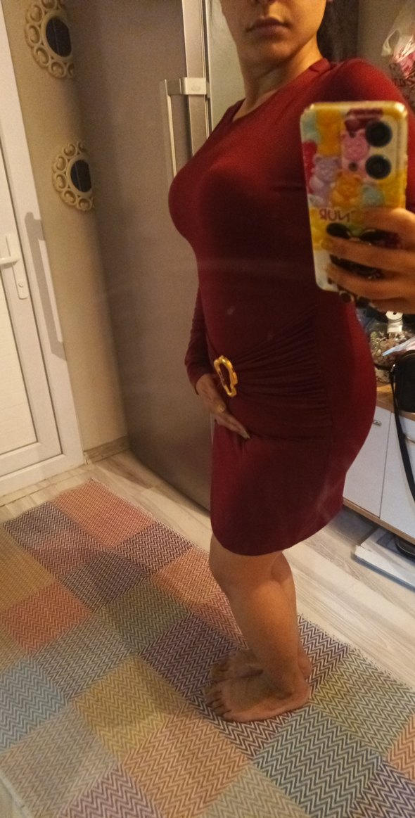 Bordo tokalı kemerli tarz elbise - Görsel 5