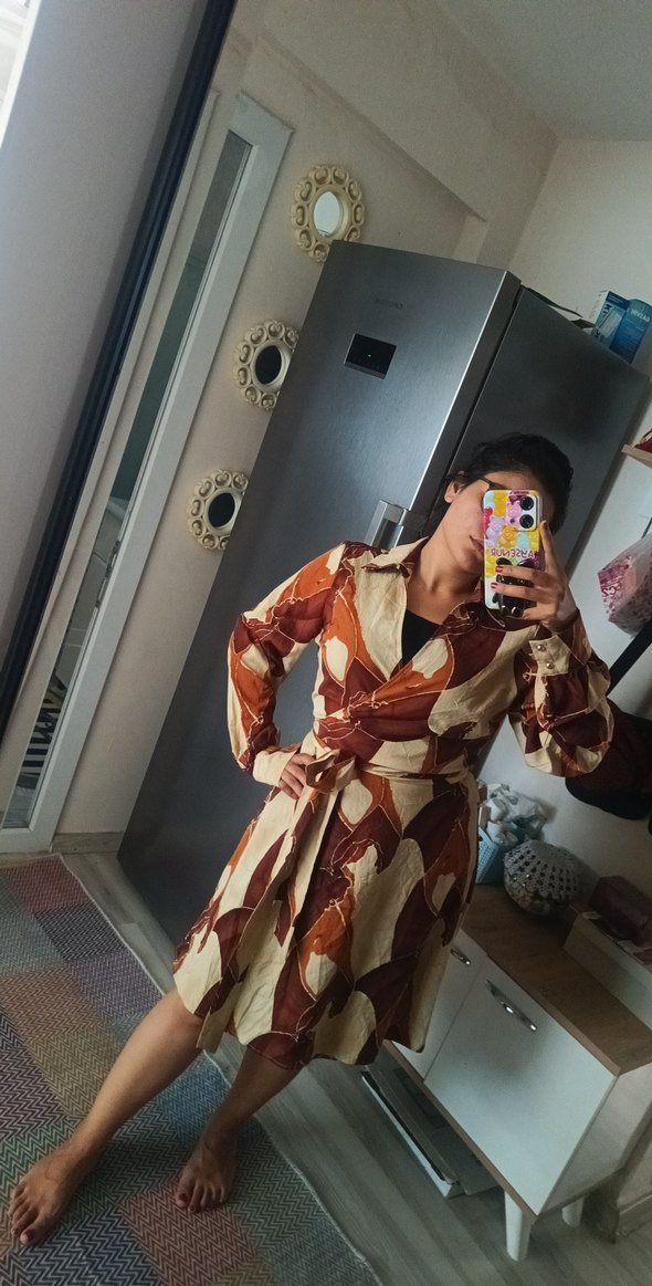 Bohem Tarzı Midi kruvaze Kadın gömlek elbise - Görsel 4