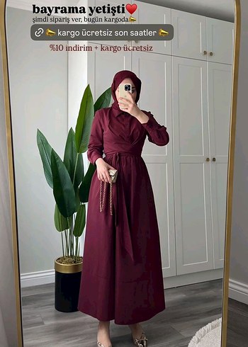 Bordo Uzun Tesettür Bohem yandan bağlamalı Elbise