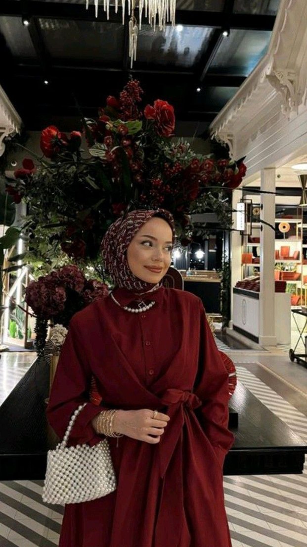 Bordo Drapeli Uzun Salaş yandan bağlamalı Elbise - Görsel 2