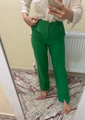 Diğer Yeşil Regular Fit Midi Keten Kadın Pantolon