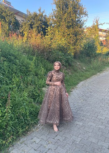 Drapeli Koyu Kahverengi Uzun Kol Abiye Elbise - Görsel 2