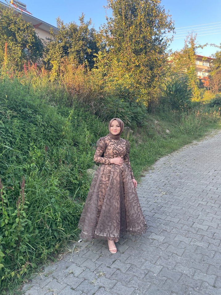 Drapeli Koyu Kahverengi Uzun Kol Abiye Elbise - Görsel 2