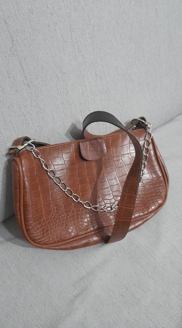 Parlak Kahverengi Deri Yılan Desenli Kadın Çanta - Görsel 2