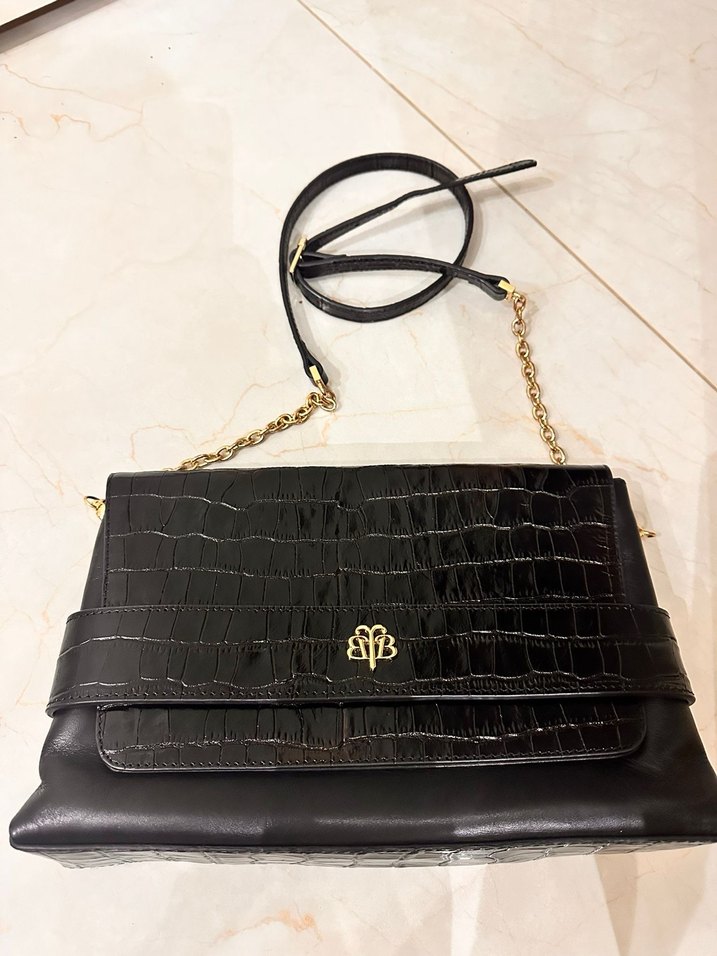 Siyah Deri Tokalı Yılan Desenli Kadın Çanta - Görsel 3