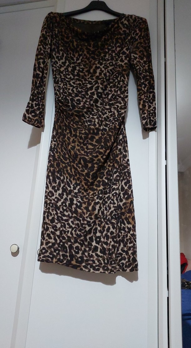 Leopar Desenli kayik  Drapeli yaka  Midi Elbise - Görsel 3