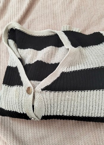 xl Beden Gri Çizgili Örgü Kadın Triko Hırka