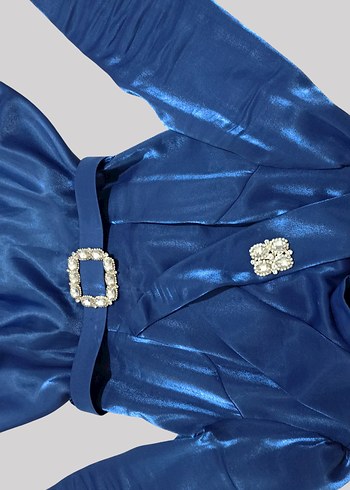 Tesettür Mavi Saten Kadın Abiye Elbise - Görsel 3