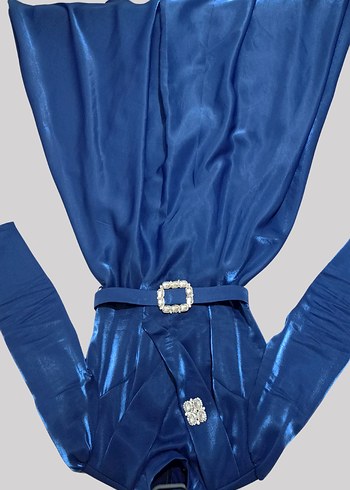 Tesettür Mavi Saten Kadın Abiye Elbise - Görsel 2