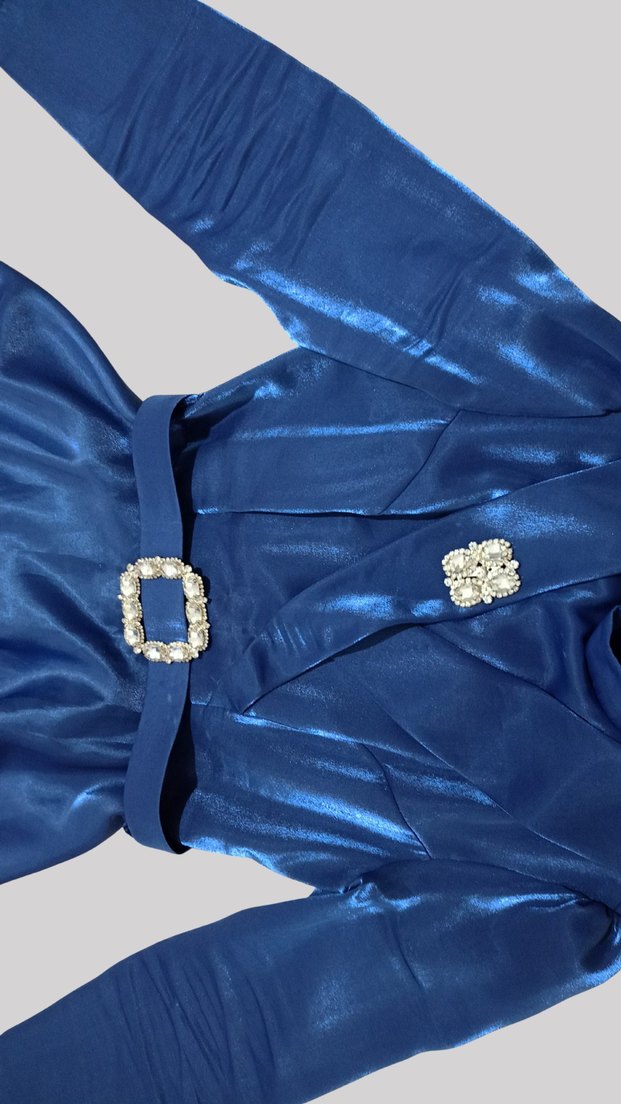 Tesettür Mavi Saten Kadın Abiye Elbise - Görsel 3