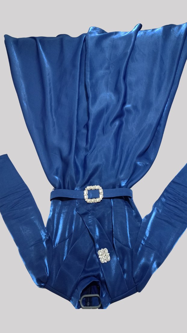 Tesettür Mavi Saten Kadın Abiye Elbise - Görsel 2