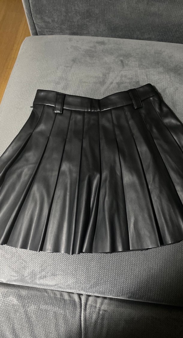 Deri Siyah Pileli Mini Etek - Görsel 2