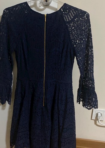 Lacivert Midi Dantel İşlemeli Elbise - Görsel 3