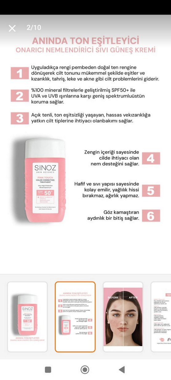 Sinoz Pembe Ton Eşitleyici Güneş Kremi SPF 50 - Görsel 2