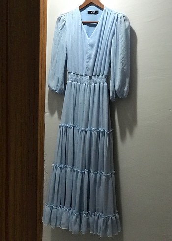 Mavi Uzun Bohem Keten Elbise - Görsel 2