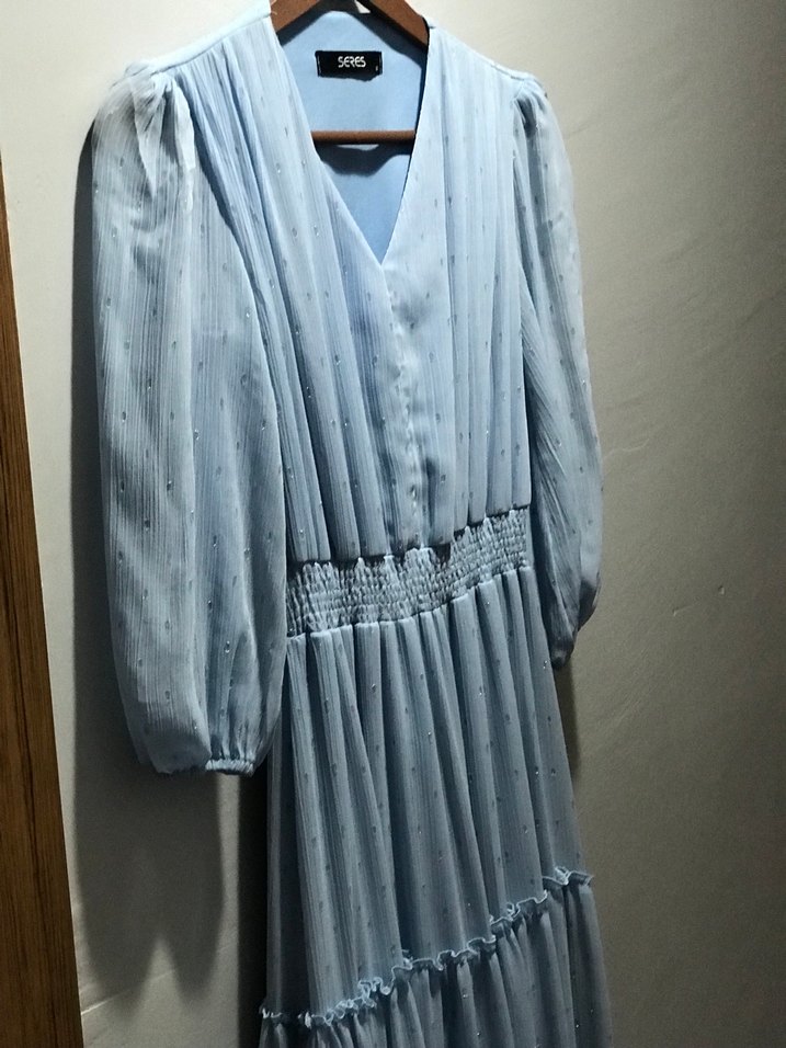 Mavi Uzun Bohem Keten Elbise - Görsel 4