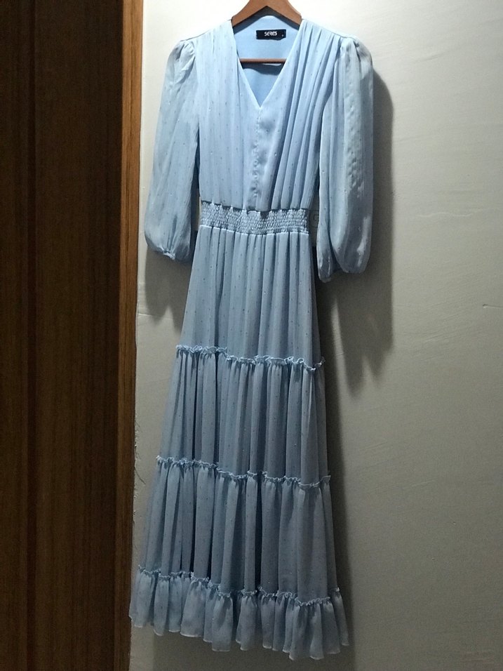 Mavi Uzun Bohem Keten Elbise - Görsel 2