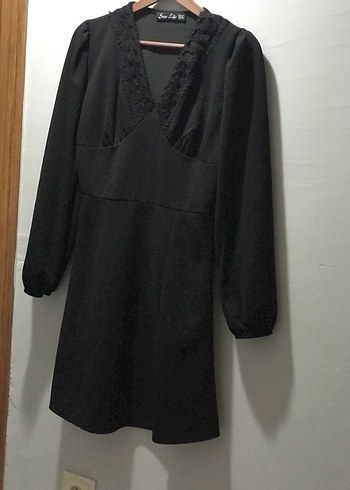 Siyah V Yaka Uzun Kollu Midi Goth Elbise - Görsel 2