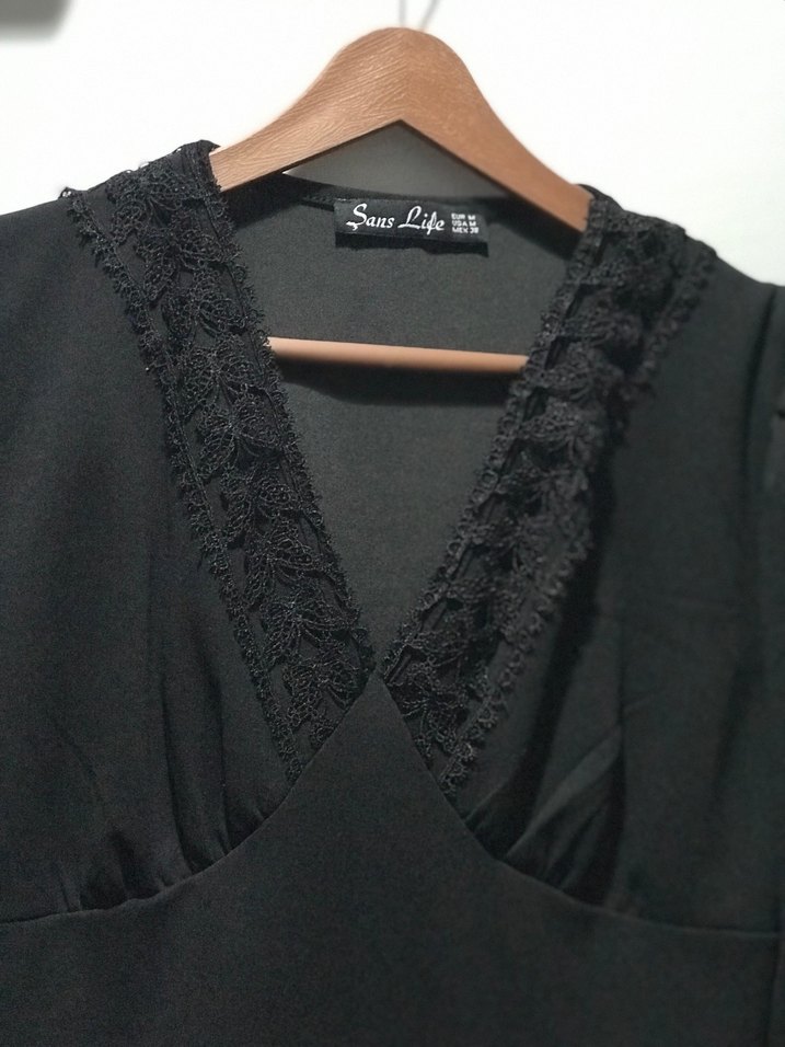 Siyah V Yaka Uzun Kollu Midi Goth Elbise - Görsel 3