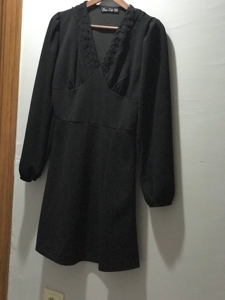 Siyah V Yaka Uzun Kollu Midi Goth Elbise - Görsel 2