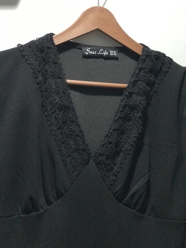 Siyah V Yaka Uzun Kollu Midi Goth Elbise - Görsel 4