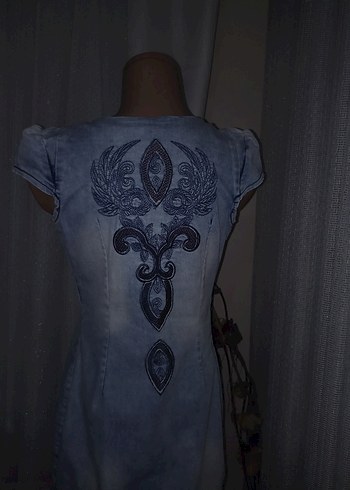 m Beden Fermuarlı Straplez Mini Denim Elbise