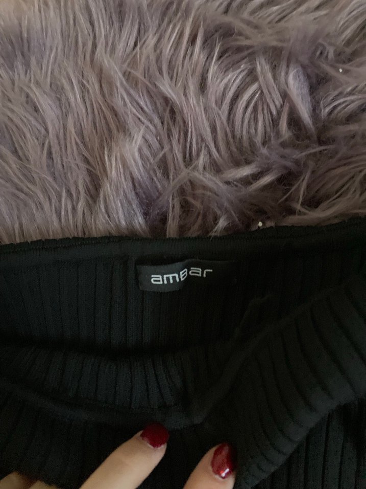 Ambar Kadın Siyah Madonna Yaka Standart Beden  Triko Kazak - Görsel 2