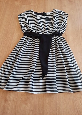 Gri Çizgili Kemerli Midi Elbise - Görsel 9