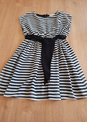 Gri Çizgili Kemerli Midi Elbise - Görsel 6